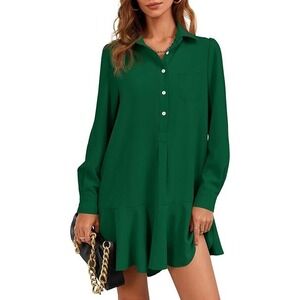 Fiseow Green Long Sleeve Shirt Dress Ruffle‎ Hem Button Front Pocket Size M
